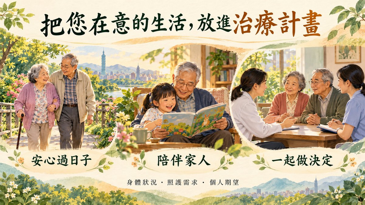 長者散步、陪伴孫子及與醫護討論，呈現將日常生活與個人期望納入治療計畫。